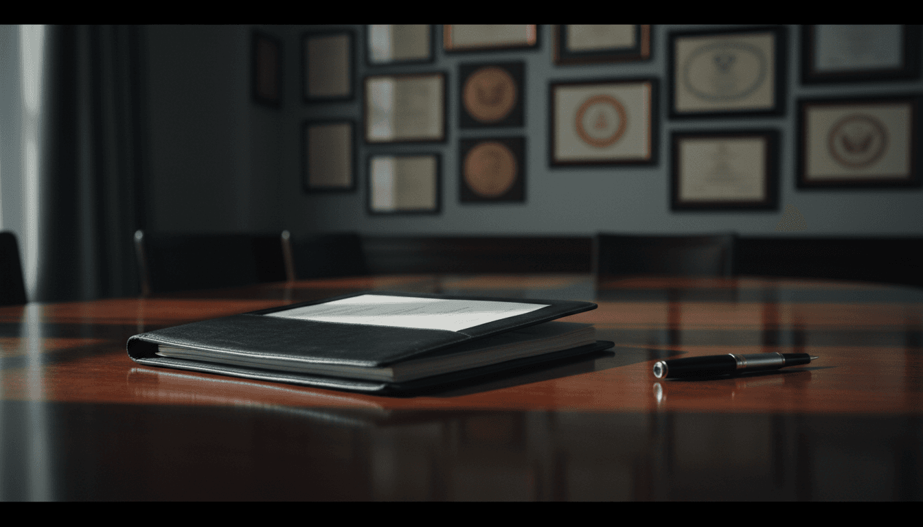 Briefing folder open on a mahogany table, fountain pen beside it, government certificates blurred in background