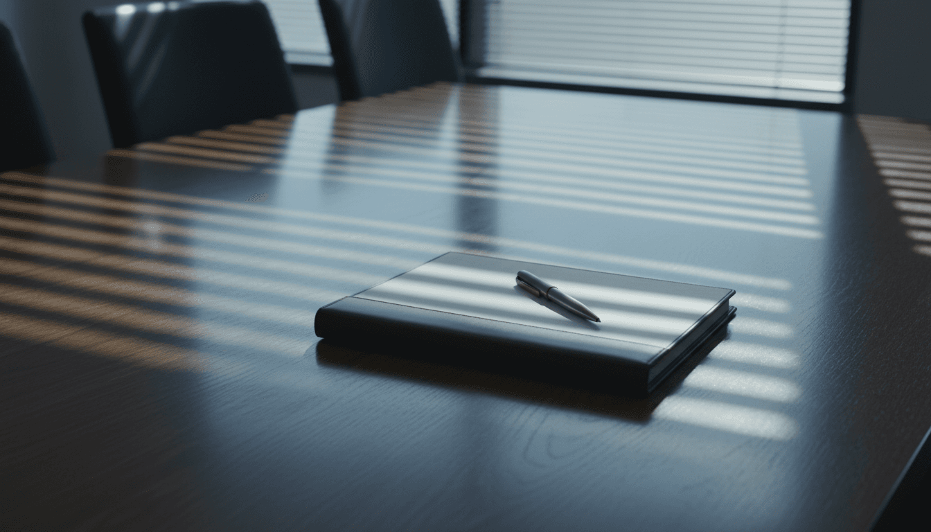 Polished wood boardroom table with leather portfolio and pen