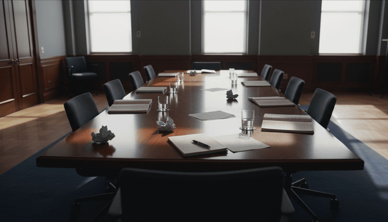 Conference table with documents and pen in a dimly lit office