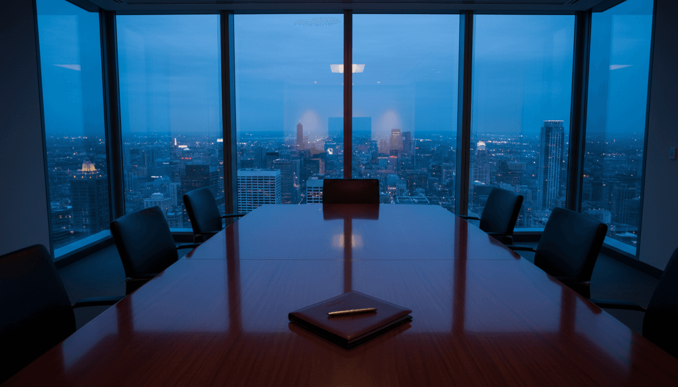 High-rise boardroom at dusk with city lights and conference table