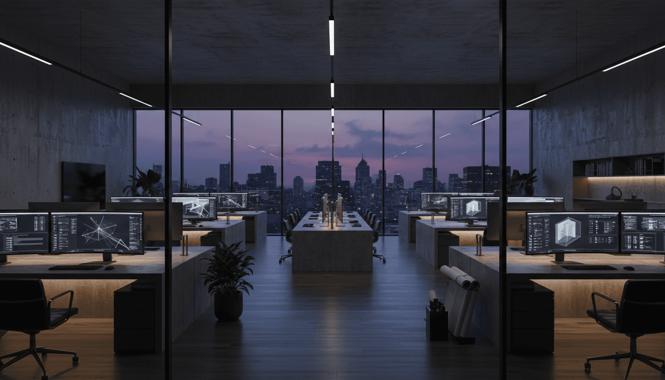 A quiet corporate boardroom with natural light and deep shadows