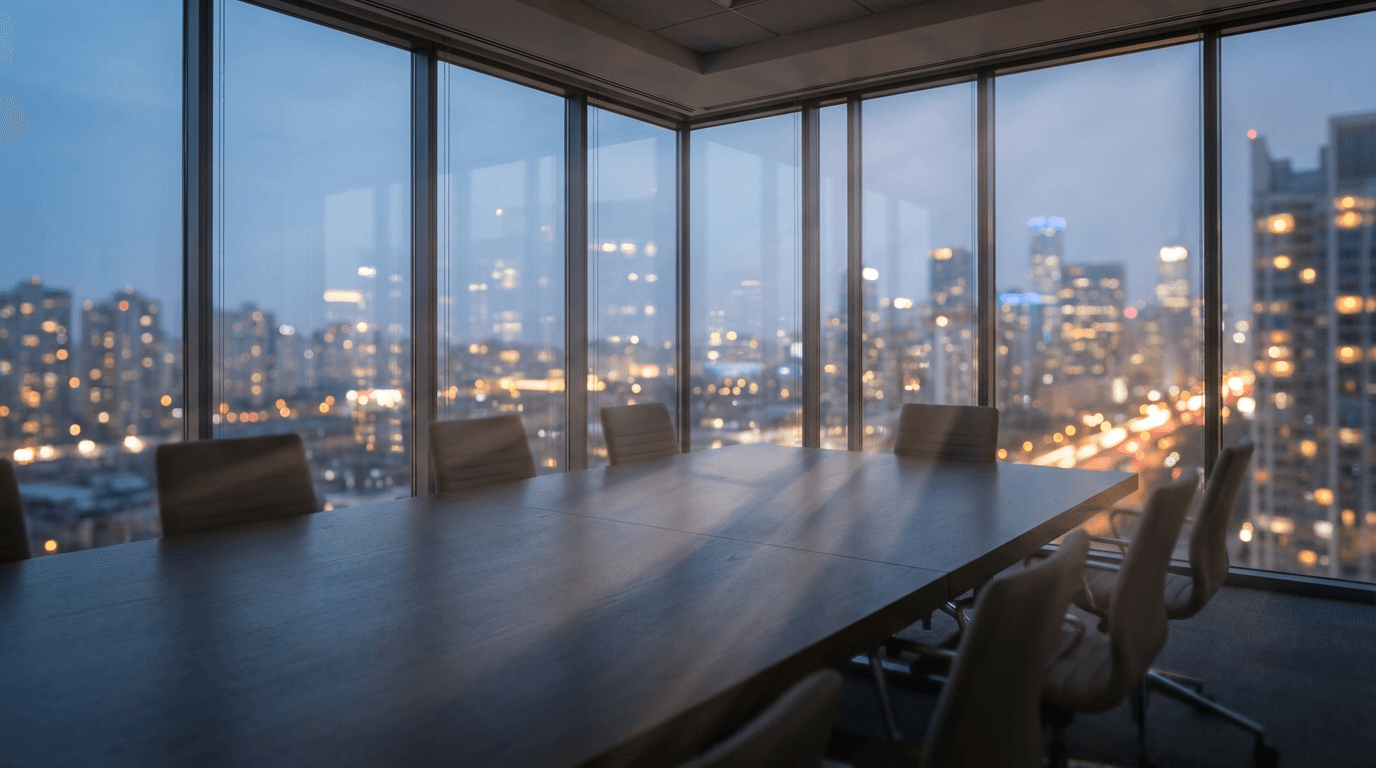 Dark boardroom table with single document and pen under focused light
