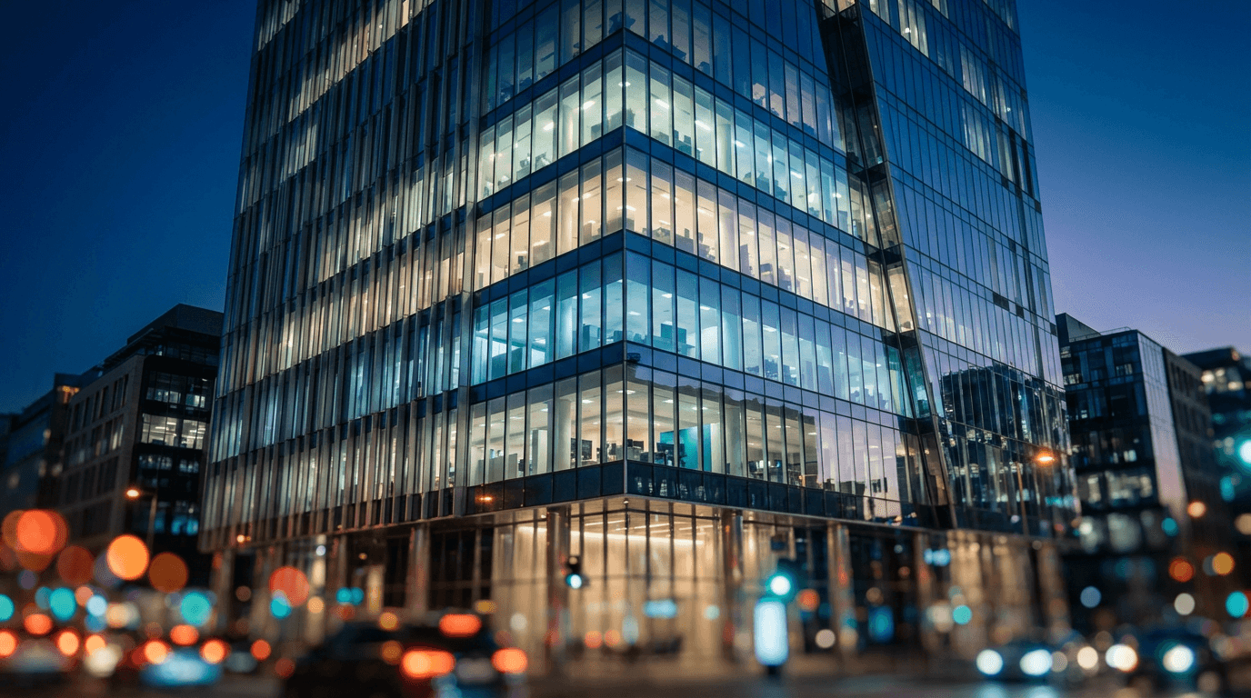 Modern glass office building in downtown Edmonton at dusk