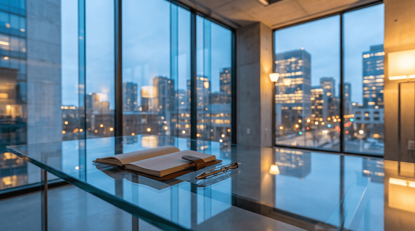 Modern boardroom with city skyline view
